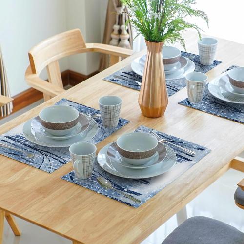 Winter Placemats Set of 4 18x12 Inch Snow Snowflake Forest White Holiday Linen Place Mat Heat-Resistant Washable Wipeable Winter Sence Table Mat for Party Kitchen Dining Home Decor