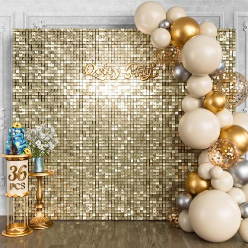 Qcity Light Gold Shimmer Wall Backdrop 36PCS, Black Back Not See-Through Design, Square Sequin Glitter Backdrop Panel, Perfect for Outdoor Events, Birthdays, Wedding and Party Decoration