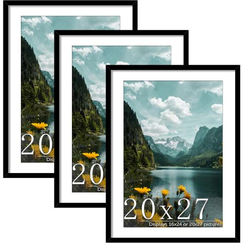 Picrit 20x27 Picture Frame 3 Pack, Black Puzzle Frame, Display Poster 16 x 24 with Mat or 20 x 27 without Mat for Horizontal or Vertical Wall Mounting