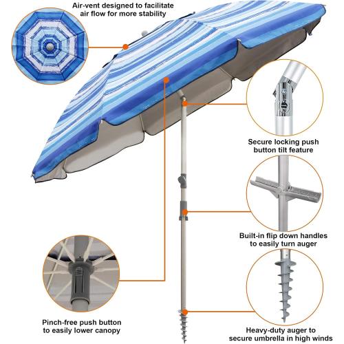 Blissun 7.2' Beach Umbrella with Sand Anchor, Outdoor Portable Beach Umbrella for Sand with Tilt Pole, Carry Bag, Air Vent