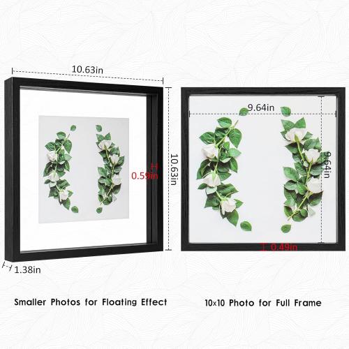 MUYE 10x10 Floating Frames Set of 2,Double Glass Picture Frame Display Any Size Photo up to 10x10,Wall Mount or Tabletop Standing,Black