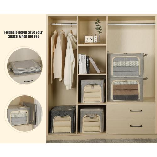 3 Pcs,Light Grey,66L 3 Opeings Large Clothes Storage Bins with Metal Frame, Foldable Storage Bin for Clothes, Clothing Storage Bins with Lid, Linen Storage Box With Clear Window＆ Zippers＆ Handles.(3 Pcs,Light Grey,66L)