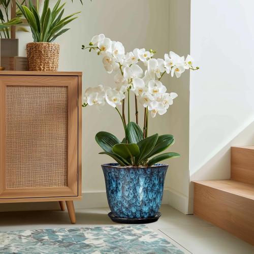 Ceramic Plant Pots - 12 Inch Pots for Plants Indoor Outdoor, Large Round Planter with Drainage Hole and Saucer, Modern Decorative Flower Pot, Home Garden Decor, House Warming Gifts, Blue