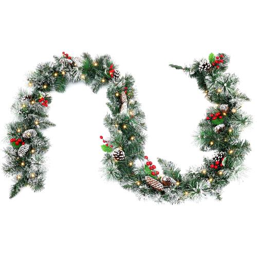 9ft Flocked Pre-Lit Artificial Christmas Garland,Christmas Tree Garland,Flocked Xma Tree Garland with Lights, Pine Cones, Red Berries, Branch Tips,Berry Clusters, Plug in