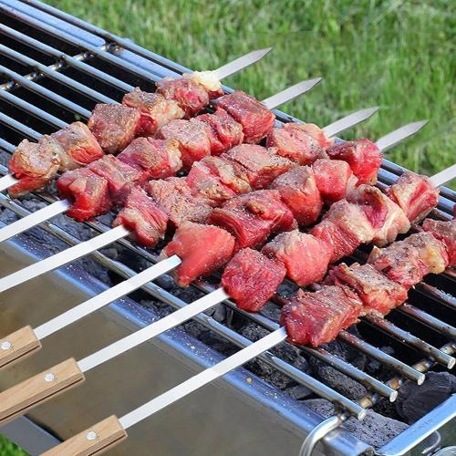 12 Pack Kebab Skewers BBQ Barbecue Skewers Stainless Steel Sticks 23.5 Inch Heavy Duty Large Wide Reusable with Nonslip Wooden Handle Ideal for Shish Kabob Chicken Shrimp and Vegetables