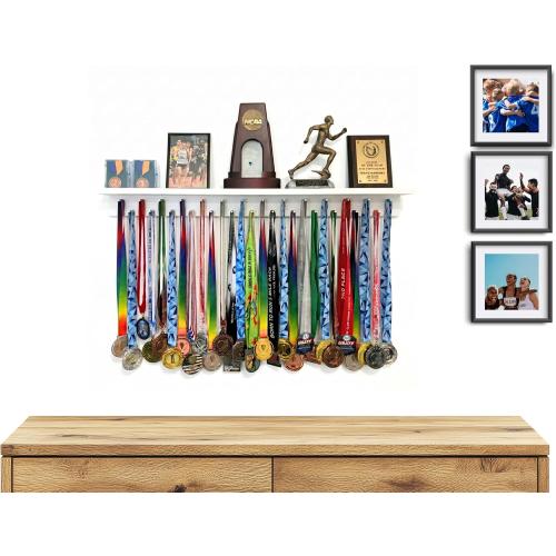 3ft Medal Hanger Display for Wall — Trophy Shelf with Hooks for Medals — 36 Solid Wood — Holds 30  Medals   Cased Medals for Running, Gymnastics, Cheer, Karate — White- Medal Awards Rack