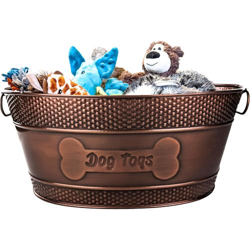 BREKX Copper Metal Pet Storage & Dog Toy Bin w/ Handles, Indestructible | Dog Toy Box • Galvanized Steel • Organizes Toys, Blankets & Leashes • Farmhouse Style