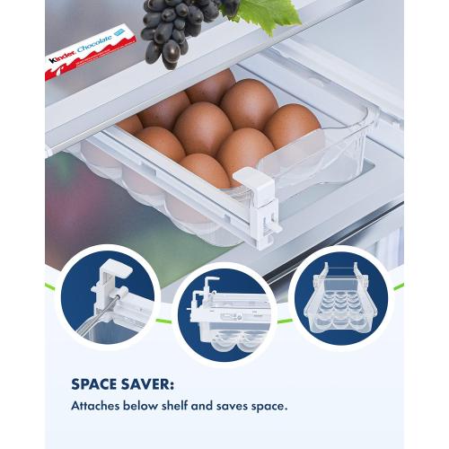 Skywin TidyFriend Refrigerator Egg Drawer 14x7.5x3.95 – Snap-On Egg Holder with Pull-Out Drawer, Holds 18 Eggs, Fits Flat Fridge Shelves 14.1–16.3 in Long and 0.93–1.32 in Thick