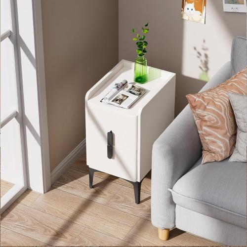 VICITON Narrow Nightstand with 2 Drawers, Narrow Side Table Leather Surface, Slim Bedside Table for Bedrooms, Dormitories, Living Rooms (Cream White, 15.7 D x 11.8 W x 22.4 H)
