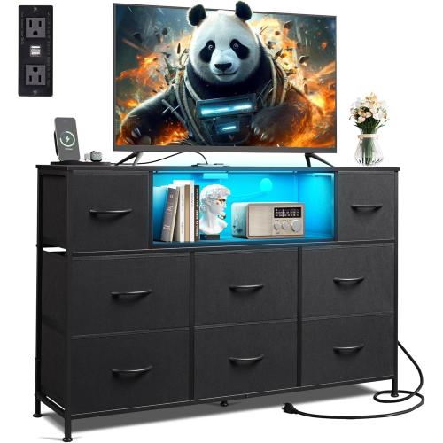 Black 11.7D x 47.2W x 31H WLIVE Black TV Stand for 45, 50, 55 inch TV, Entertainment Center with LED Lights & Charging Station, TV Media Console Table with 8 Fabric Drawers and Open Shelves for Living Room, Hallway, Wood Top