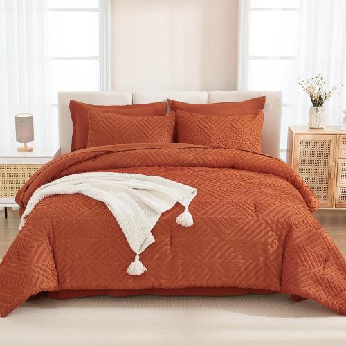 Andency Oversized King Size Comforter Set Burnt Orange - 7 Pieces Bed in a Bag Oversized King Boho Terracotta Bedding Comforter Sets, Rust Tufted Bed Set with Comforter, Sheets, Pillowcases & Shams