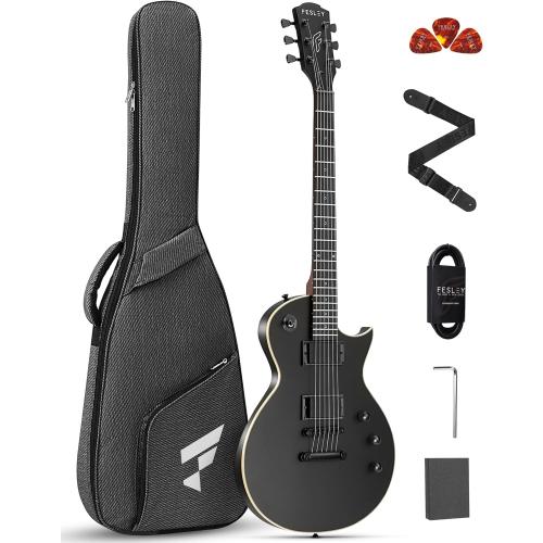 Fesley 39 LP Electric Guitar Kit: Full Size Solid Body Electric Guitars for Beginners with Humbucker Pickups, Poplar Body, Mahogany Neck,22 Frets,6 String Guitar with Gig Bag,Cable,FLP350,Matte,Black