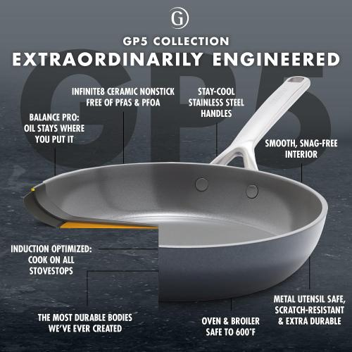 GreenPan GP5 Hard Anodized Healthy Ceramic Nonstick 14 Piece Cookware Pots and Pans Set,Heavy Gauge Scratch Resistant,Stay-Flat Surface, Induction, Mirror Finish Handle,Oven Safe,PFAS-Free,Slate