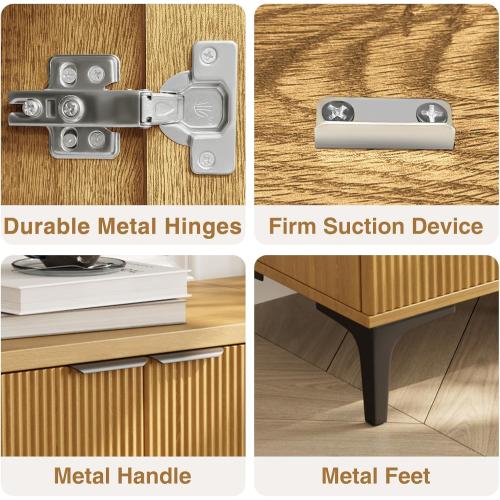 Fluted Sideboard Buffet Cabinet, 2 Doors Side Board Storage Cabinet, Buffet Cabinet with Line Groove Design,Side Board with Metal Legs and Handle, Buffet for Entryway, Natural Wood