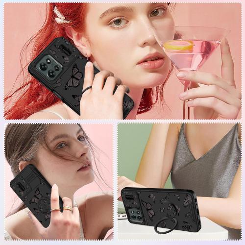 for Moto G 5G 2025 Case - Women Girls Cute Phone Cover Girly Pretty Aesthetic Black Butterfly Unique Design with Camera Cover and Ring Stand Funda for Motorola G 5G 2025