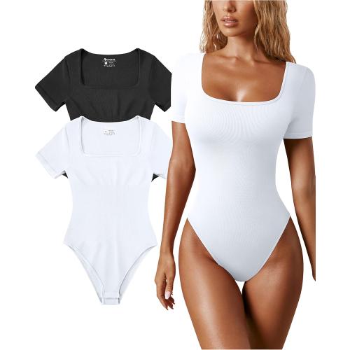 Size M OQQ Women's 2 Piece Bodysuits Sexy Ribbed One Piece Square Neck Short Sleeve Bodysuits