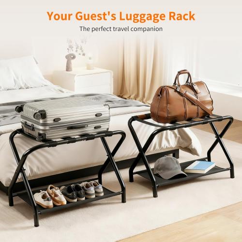 Heybly Luggage Rack for Guest Room, Pack of 2, Steel Folding Suitcase Stand with Storage Shelf for Bedroom, Hotel, Foldable Steel Frame, Guest Room 26.2 L x 14.4 W x 20.5 H, Black HLR004B2
