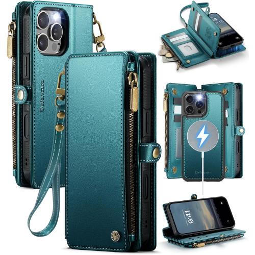 Defencase for iPhone 16 Pro Max Magnetic Wallet Case Compatible with Magsafe with RFID Blocking Zipper Strap Card Holder for Women PU Leather Detachable Case for iPhone 16 Pro Max (6.9), Blue Green