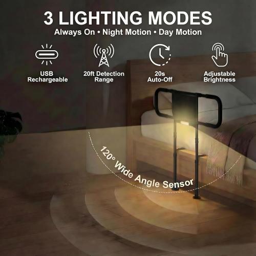 Bed Rails for Elderly Adults Safety with Motion Sensor Light, Heavy Duty Bed Rails for Seniors to Prevent Falling Out of Bed - Bed Side Rails, Height Adjustable Fits King/Queen/Twin, 400lbs Capacity