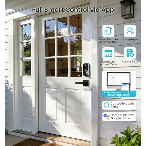 Veise VE07-L Fingerprint App Control Smart Locks with Heavy-Duty Zinc Alloy Handles, Keyless Entry for Front Door, Digital Electronic Touchscreen, Auto Lock, Waterproof, Easy Install, Matte Black