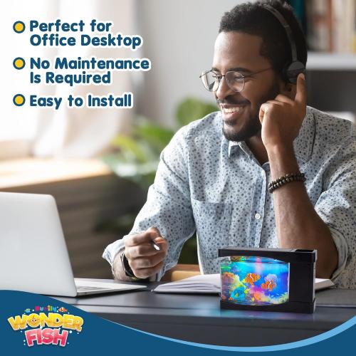 Artificial Fish Tank Virtual Ocean Toy in Motion Lamp - Mini Office Desk Aquarium 3 Colorful LED Lights, Moving Bubbles, Gift for Kids and Adults