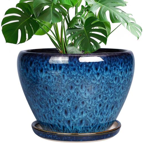 Blue 10 Inch Ceramic Planter Pot, Ceramic Plant Pot for Indoor Outdoor Plants, Large Flower Pot with Drainage Hole and Saucer, Blue