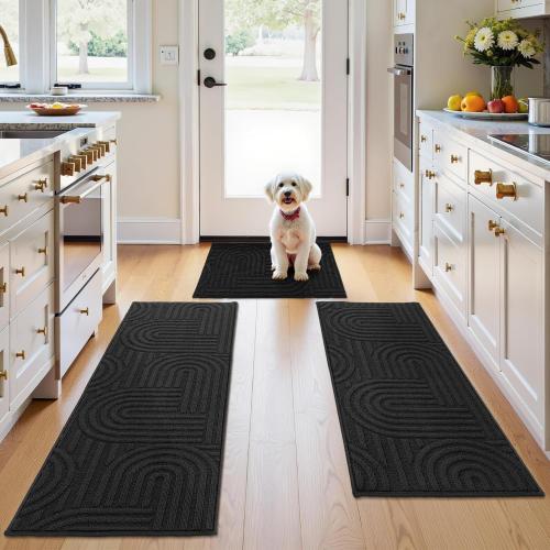 Kitchen Rugs and Mats Set of 3, Non Skid Washable Black Geometric Kitchen Mats for Floor, Absorbent and Stain Resistant Floor Mat for Laundry,