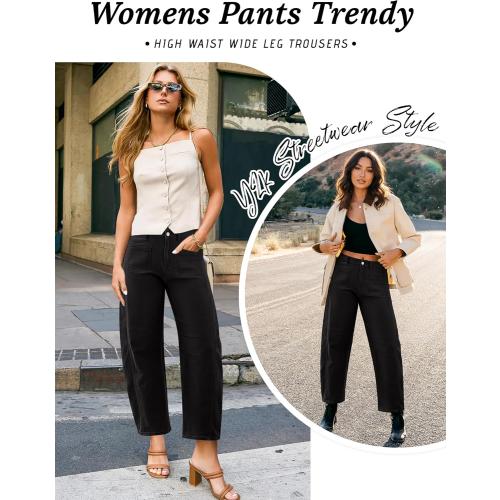 Pants Women - Stretchy High Waist Baggy Pants Y2k Boyfriend Ankle Trousers with Pockets