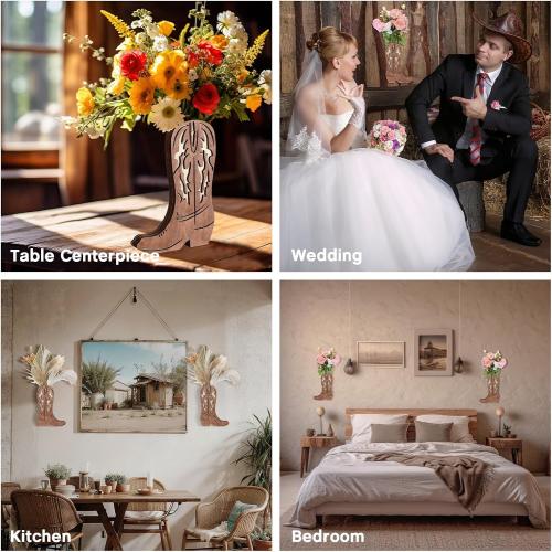 Havawish 2 Pcs Western Wall Decor Wood Cowboy Boots Wall Planter for Indoor Plants 12 x 8'' Western Boot Flower Hanging Vase for Flower Faux Rustic Home Decor for Bathroom Bedroom(Retro Style)