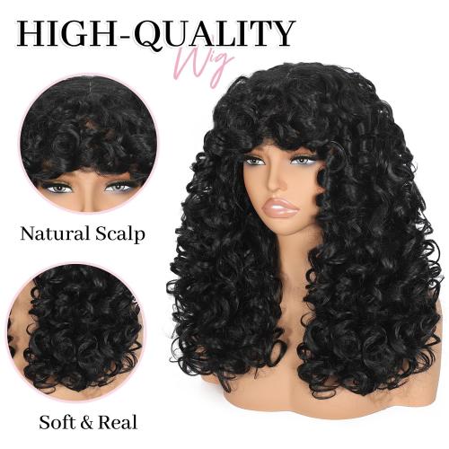 Curly Afro Wig for Black Women Curly Wigs with Bangs 18 Inch Long Curly Afro Synthetic Wig for Cosplay and Daily(Black)