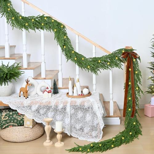 Waipfaru 9ft Artificial Norfolk Pine Garland, Realistic Christmas Garland with Lights Faux Winter Pine Greenery for Mantle,Table, Wall,Indoor,Outdoor Winter Christmas Decorations