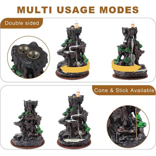 SPACEKEEPER Incense Burner, Backflow Incense Holder 2 Sides Waterfall Incense Burnier with 120 Backflow Incense Cones, 30 Incense Sticks, Aromatcherapy Ornamen for Home