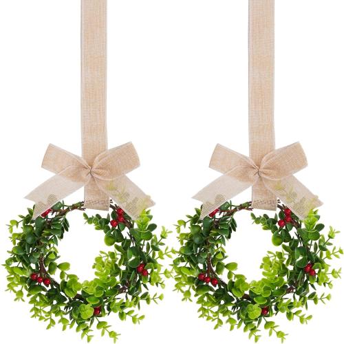 2Pcs Mini Christmas Wreaths for Cabinets Small Green Hanging Wreath Ornament for Winter Holiday Home Outdoor Indoor Window Tree Crafts Decorations
