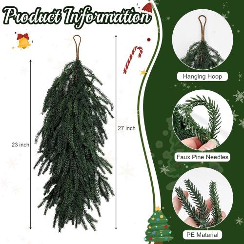 2 Pcs Christmas Swag - 27 Inch Teardrop Swag with Artificial Pine Needles Greenery Swags for Xmas Front Door Staircase Window Wall Mantel Decor - Dark Green