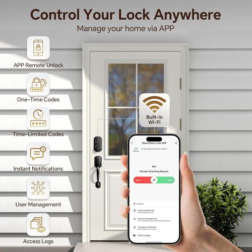 Ulecoce WiFi Smart Door Lock for Front Door, Keyless Entry Door Lock with App Control, Front Door Lock Set, Keypad Deadbolt with Handle Set, 5 Keys, Auto-Lock ＆ One-Touch Lock, One-time Codes, Black