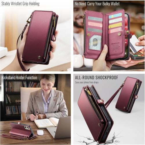 Defencase Compatible with Moto G Stylus 5G 2024 Case, RFID Blocking Wallet Case Compatible for Motorola Moto G Stylus 5G 2024 PU Leather Flip Strap Zipper Card Holder Phone Case for Women, Wine Red