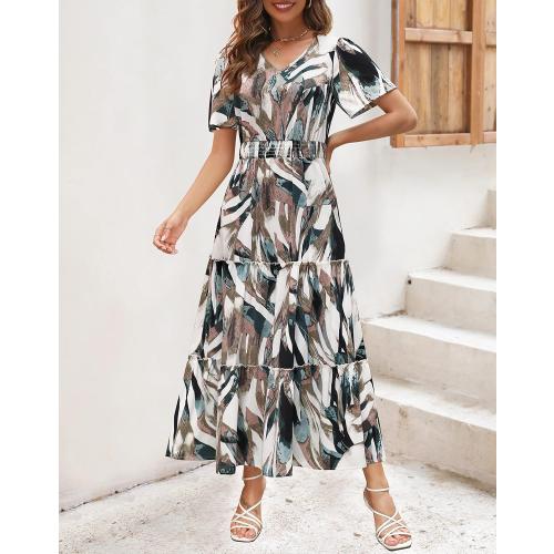 Size L ...Zattcas Womens 2025 Long Summer Dress Short Flutter Sleeve V Neck Casual Smocked Tiered Modest Floral Boho Maxi Dress