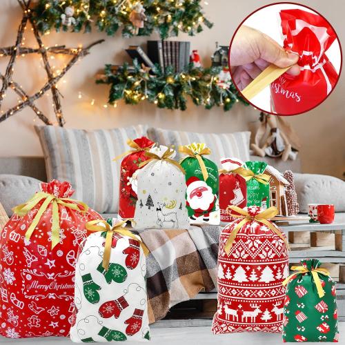 Pseutio 42 PCS Christmas Drawstring Gift Bags Assorted Sizes Drawstring Christmas Bags for Gifts with Rope for Xmas Holiday Presents Party Favor