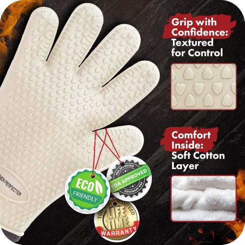 KITCHEN PERFECTION Silicone Smoker Oven Gloves For Women -Extreme Heat Resistant BBQ Gloves -Handle Hot Food Right on Your Smoker Grill Fryer|Waterproof Oven Mitts Grill Gloves |Superior Set 3 Bonuses