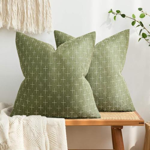 Size 20x20  Pack of 2 Color Green Decorative Burlap Linen Throw Pillow Covers Farmhouse Pillowcases Modern Rustic Woven Textured Cushion Cover for Sofa Couch Bed 20x20 Inch Sage Green