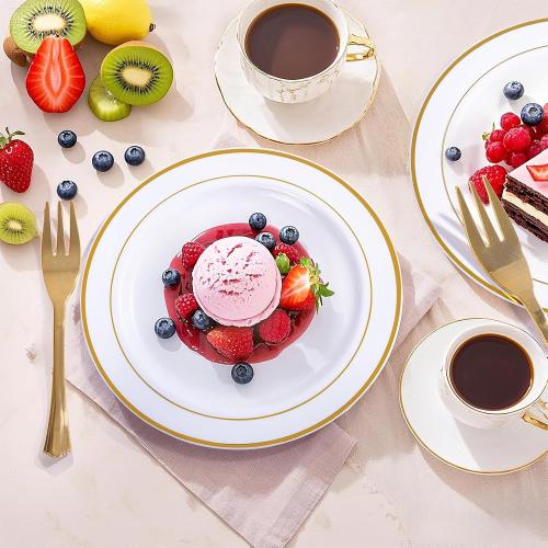 WELLIFE 240 Pcs Disposable Dessert Plates with Gold Plastic Forks, 120 White 6.5 Inch Appetizer Cake Salad Plates with Gold Rim, Party Tableware Set for 120 Guests, Wedding, Birthday, Catering