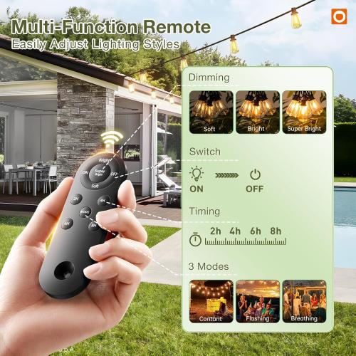 addlon Size  54(48 6) FT Solar String Lights Waterproof,Patio Lights Solar Powered with Remote & USB Port 15 1 LED Shatterproof Bulbs 3 Light Modes, Dimmable Solar Light for Camping Backyard Garden