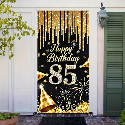 85th Birthday Door Cover 71x35 Inch Black and Gold Birthday Door Banner for Party Decorations Diamond Number Backdrop Sign for Women Men Adults Photo Booth Prop Wall Decor