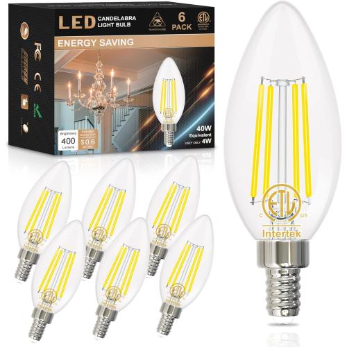 hansang E12 LED Bulb 5000K Bright Daylight, 40W Equivalent Type B Bulbs with Small Candelabra Base, B11 Shape Chandelier Light Bulbs, 4W B11 LED Bulb Clear Glass, 120V, 400LM, 6 Pack, Non-dimmable
