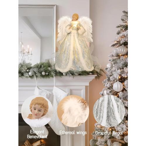 HOHOTIME 14'' Angel Tree Topper with White Feather Wings and Silver Skirt, Christmas Tree Topper with LED Light for Xmas Tree Top Decor Holiday New Year Home Ornament Decorations