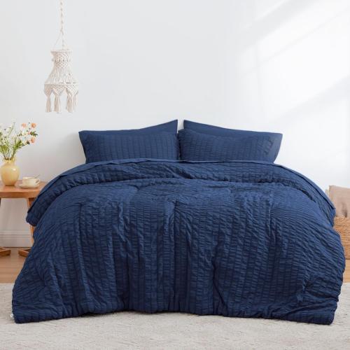 Love's cabin Seersucker Dark Blue Twin Comforter Set 5 Pieces, All Season Bedding Set, Twin Bed in a Bag Comforter Set with Comforter, Flat Sheet, Fitted Sheet, Pillowcase and Pillow Sham