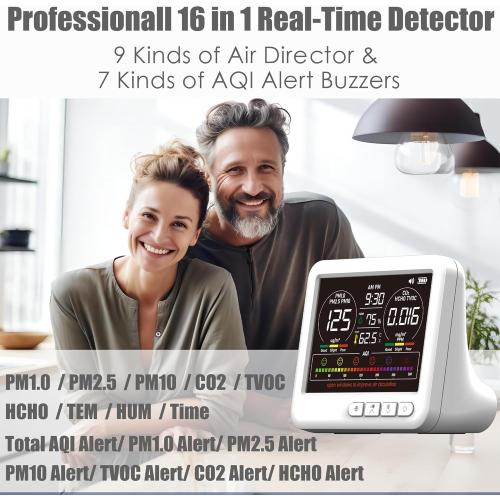 Professional Indoor Air Quality Monitor with 7X AQI Alarms,16 in 1 Portable Real-Time Detector for PM2.5 | PM10 | CO2 | TVOC | HCHO | Temp | Hum for Home Cars Plants Pets