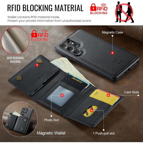 2 in 1 Magnetic Leather Wallet Case for Samsung Galaxy S25 Ultra, DG.MING Wireless Charging Phone Case with Detachable Wallet RFID Card Holder Large Cash Compartment Kickstand (Black)