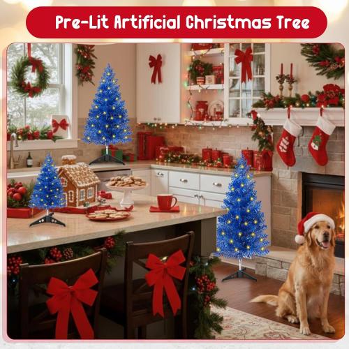 Realspring Blue 3 Pcs Mini Christmas Tree with Lights Tabletop 20/14/8 Inch Small Artificial Xmas Trees Miniature Pine Xmas Tree Bottle Brush Trees for Christmas Home Table Decor