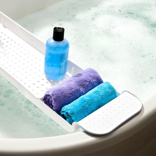 Madesmart Expandable Bath Tray for Bathtubs, Plastic Shower and Bath Shelf Caddy, White, Multifunctional Bathtub Bathroom Organizer